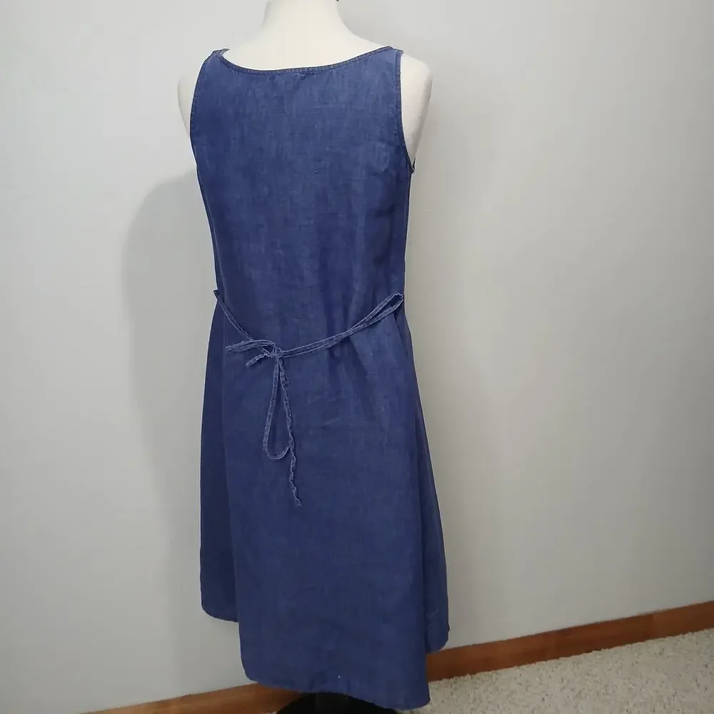 Eileen Fisher Linen Dress Size Small Blue Sleeveless Strappy Tie Waist Fit Flare - Picture 7 of 16